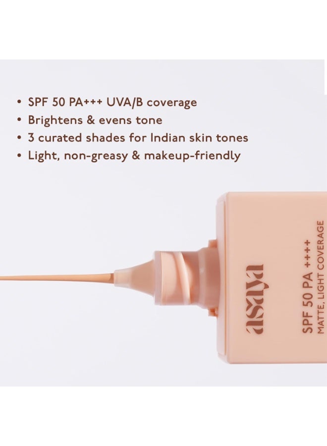 Asaya واقي شمس ملون من أسايا تحت شمس واحدة بعامل حماية SPF 50 PA++++ | تم اختباره مخبرياً | تغطية خفيفة غير لامعة | لون رمل الصيف | درجة متوسطة | 40 مل - Image 3